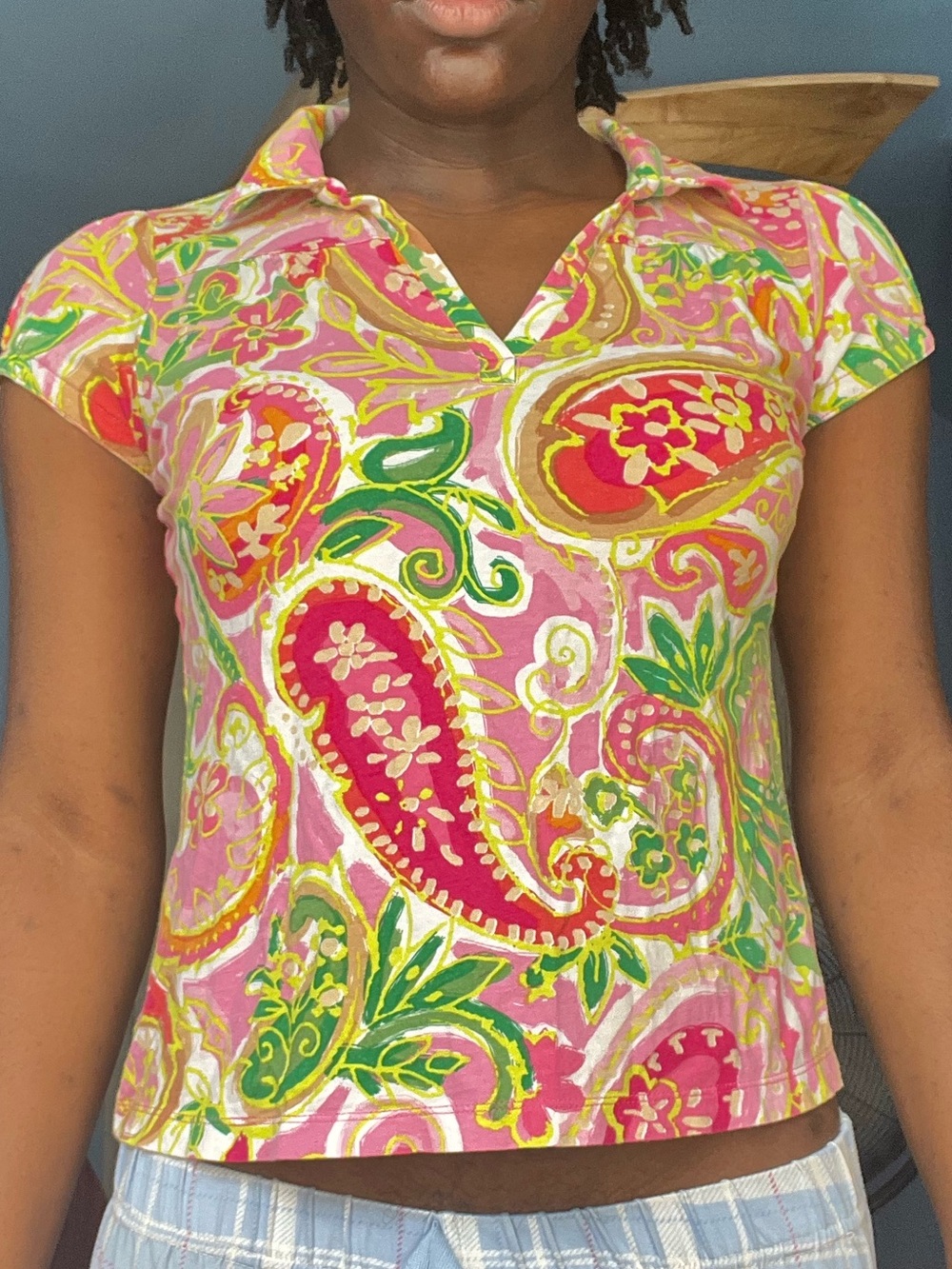 Caribbean Joe Pink Floral Paisley Crop Polo Top